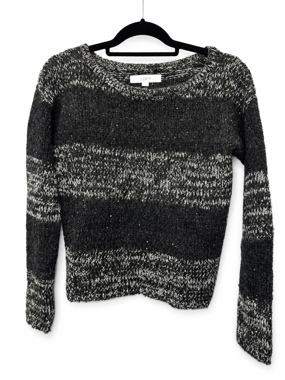 LOFT Black Gray Marled Sequin Sweater Alpaca Wool Blend XS